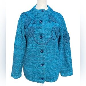 Chunky Artisan Nordic Granny Hand Knit Blue-Teal Cozy Cabin Cardigan Sweater